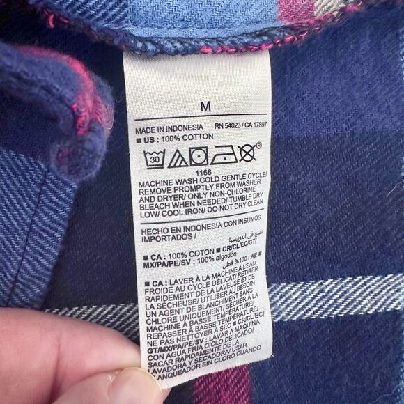 Old Navy Top Women M Navy Blue Pink Boyfriend Shirt Plaid Flannel Boho Cottage - Picture 4 of 8